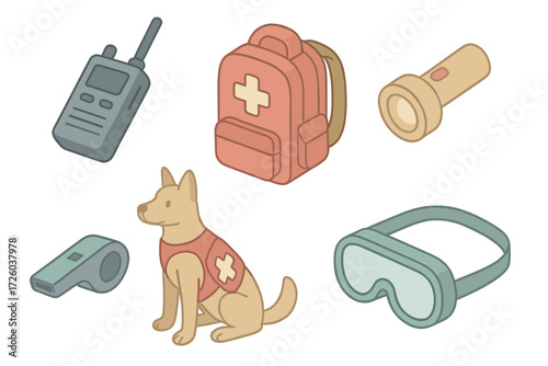 First Responder Essentials. Isometric vector illustration set of first responder essentials: walkie talkie, medical backpack,