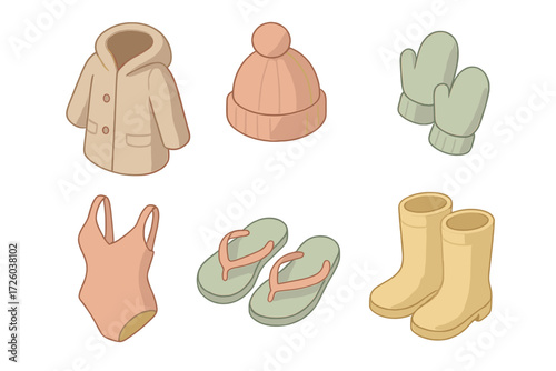 Seasonal Clothing Icons. Isometric vector illustration set of seasonal clothing icons: winter coat, wool hat, mittens, swimsuit,