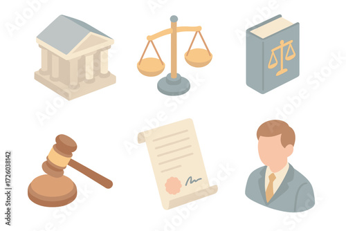 Legal Service Icons. Isometric vector illustration set of legal service icons: courthouse, scales of justice, law book, gavel