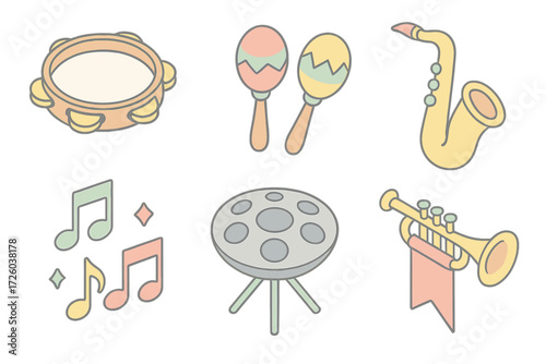 Carnival Music Icons. Isometric vector illustration set of carnival music icons: tambourine, maracas, saxophone, steel drum,