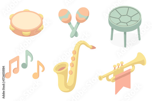Carnival Music Icons. Isometric vector illustration set of carnival music icons: tambourine, maracas, saxophone, steel drum,