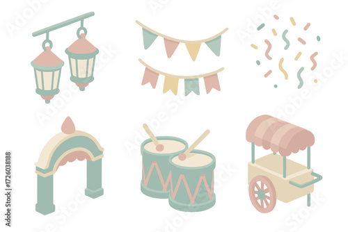Carnival Icons Set. Isometric vector illustration set of carnival street icons: lanterns, flag garland, parade drums, confetti