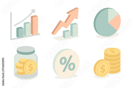 Pastel Financial Icons. Isometric vector illustration set of financial KPI icons: revenue chart, profit growth arrow, expense