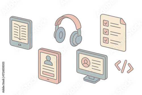 Digital Learning Icons. Isometric vector illustration set of digital learning icons: e-book reader, tablet with course, headphones