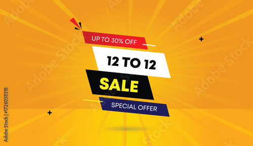 12 to 12 sale special offer up to 30 percent off editable web banner vector art illustration template design black white dark blue red gradient shapes orange yellow sun shine abstract background
