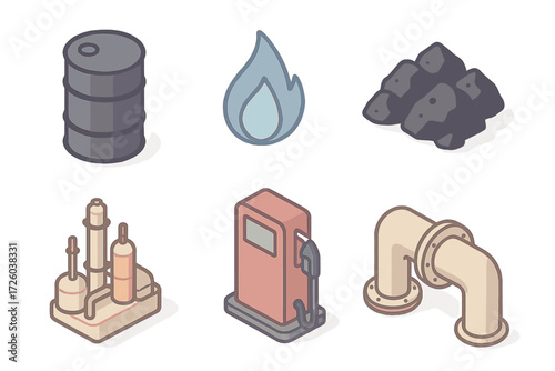 Fossil Energy Icons. Isometric vector illustration set of fossil energy icons: oil barrel, gas flame, coal pile, refinery plant,