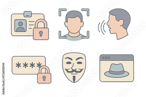 Identity Protection Icons. Isometric vector illustration set of identity protection icons: ID card with lock, face recognition,