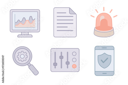 Security Monitoring Icons. Isometric vector illustration set of monitoring and response icons: network traffic graph, log file