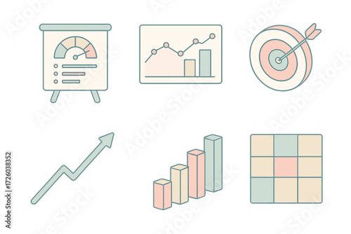 Business Analytics Icons. Isometric vector illustration set of business analytics icons: KPI board, financial graph, target with