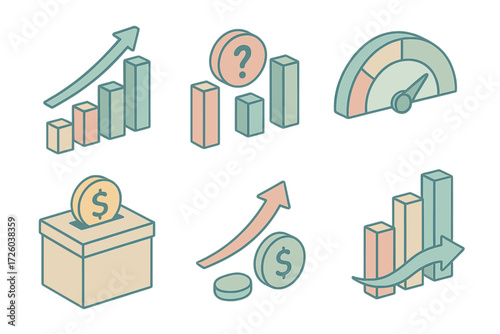Finance KPI Icons. Isometric vector illustration set of finance KPI icons: income chart, expenses comparison, budget balance dial,