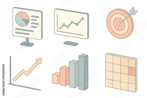 Business Analytics Icons. Isometric vector illustration set of business analytics icons: KPI board, financial graph, target with