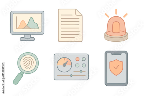 Security Monitoring Icons. Isometric vector illustration set of monitoring and response icons: network traffic graph, log file
