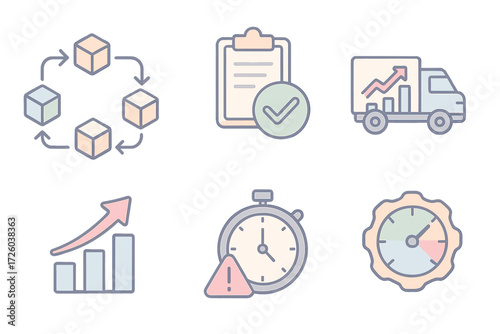 Operations KPI Icons. Isometric vector illustration set of operations KPI icons: supply chain flow chart, quality control