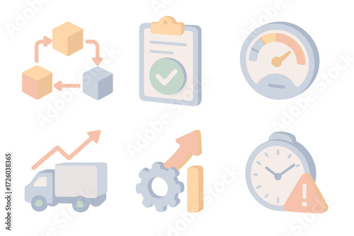 Operations KPI Icons. Isometric vector illustration set of operations KPI icons: supply chain flow chart, quality control