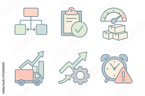 Operations KPI Icons. Isometric vector illustration set of operations KPI icons: supply chain flow chart, quality control