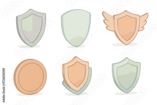 Pastel Shield Collection. Isometric vector illustration set of protective shield icons: steel shield, transparent shield, round