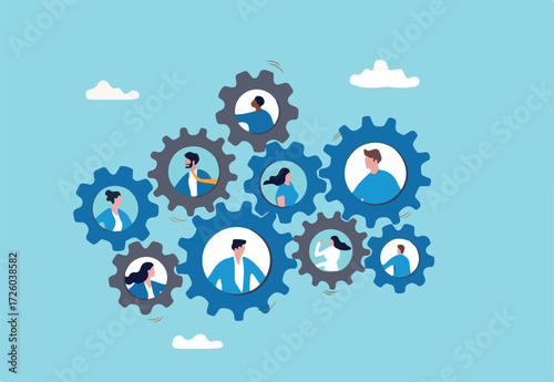 Team or organization, office role or job position or skills to drive company, teamwork or collaboration for success, team effort concept, business people working to rotate connected cogwheels gear