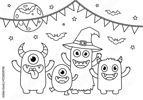 Get Ready for Halloween Fun with this Adorable Monsters Coloring Book Page for Kids, featuring cute creatures, bats, and a festive banner