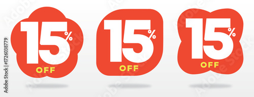 15% off, value, sticker, sale, marketing, price, liquidation, offer, discount, business, percent, campaign, sign, shopping, promo, shape. Vector, icon, set