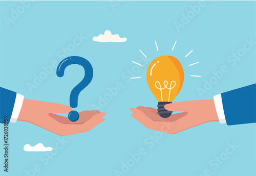 Question and answer, solving problem or business solution, ask for reply or idea to solve difficulty and trouble, FAQ concept, businessman hand holding question mark with other reply with lightbulb