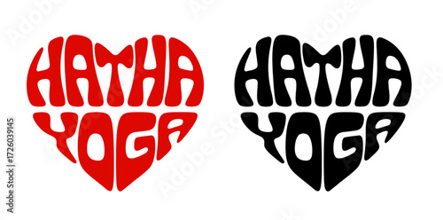 Heart-shaped sticker set featuring "HATHA YOGA" in colorful and black design, A classical style based on physical postures (asana), breathing (pranayama) and meditation