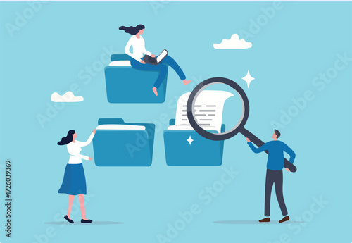 Document, content or research paper, documentation file folder storage, report or paperwork, search or file archive, office contract concept, business people working with paper document file folder