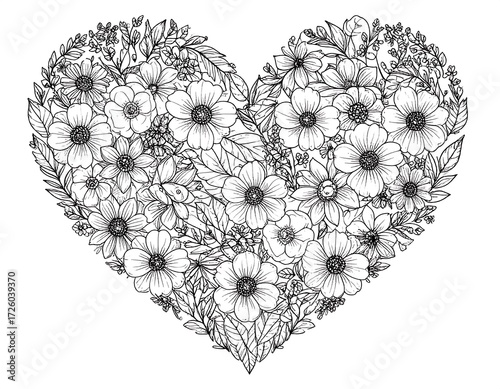 Floral heart design for coloring book or print