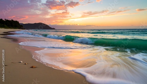 Ocean waves wash ashore during a colorful tropical sunset with vibrant cloudscape