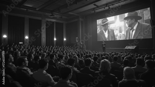 A black and white cinema with a crowd watching an old noir film with a retro projector. 4k video