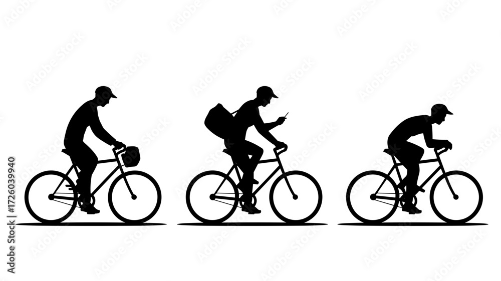 Obraz premium Three black vector silhouettes of people riding bicycles, and they all wear caps.