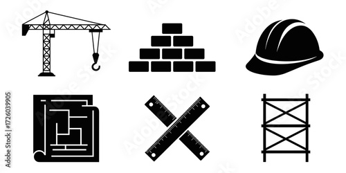 Construction site vector icons include cranes, bricks, helmets, blueprints, rulers, and scaffolding in black silhouettes.