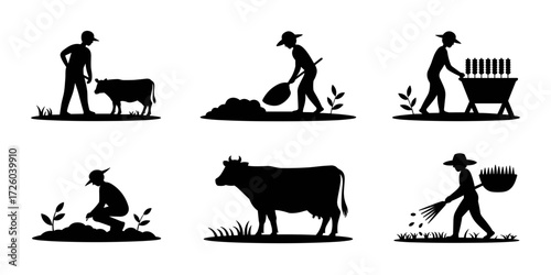Vector illustration of silhouetted farmers tending crops and livestock. A rural farming scene depicted in a simple design.