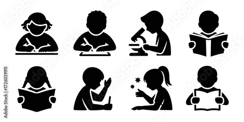 Vector silhouettes of children learning through various activities such as reading, writing, and science experiments.