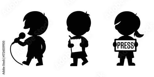 Vectors of children in cartoon silhouettes represent different roles in the media: reporter, journalist, and public relations.