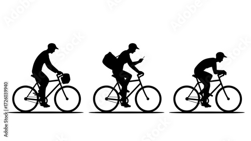 Three black vector silhouettes of people riding bicycles, and they all wear caps.