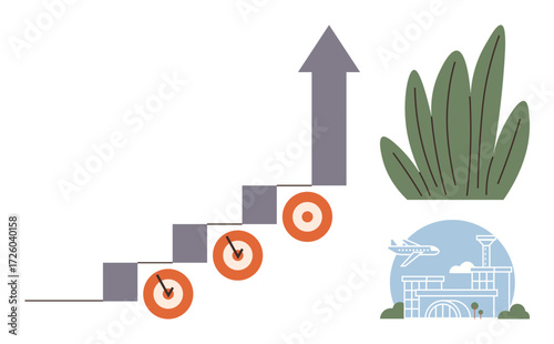Upward arrow with step-based targets, airport with plane, green leaves. Ideal for growth, goal-setting, sustainability, eco-travel, strategy progress tracking nature integration. Simple flat