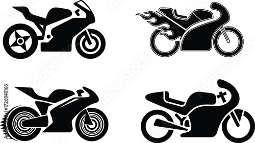 Dynamic Black Heavy Bikes Silhouettes Vector Set. Sport, Speed, and Adventure Design Elements on Transparent Background.