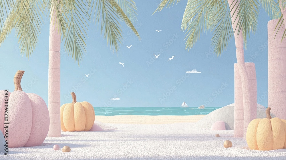 Obraz premium Whimsical beach scene with pastel pumpkins and palm trees