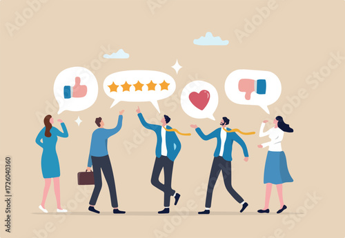 Employee feedback, opinion or rating review, customer service quality, survey result or social media comment, appraisal, evaluation or ranking concept, business people giving feedback communication