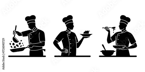 Silhouette vector of chefs cooking, serving and tasting food in professional kitchen
