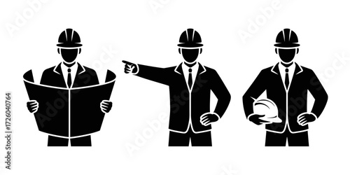Silhouette vector of engineers or architects wearing helmets in professional poses
