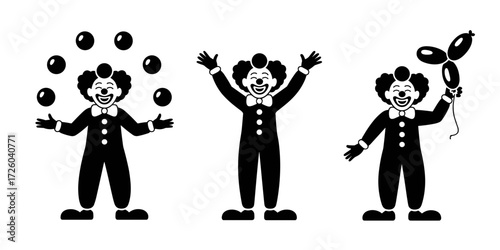 Silhouette vector of cartoon clowns juggling, celebrating and holding balloon animals
