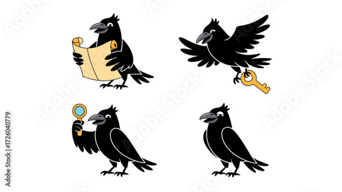 Vector set of cartoon black ravens in different actions, including reading scroll, flying with key, holding magnifying glass and standing
