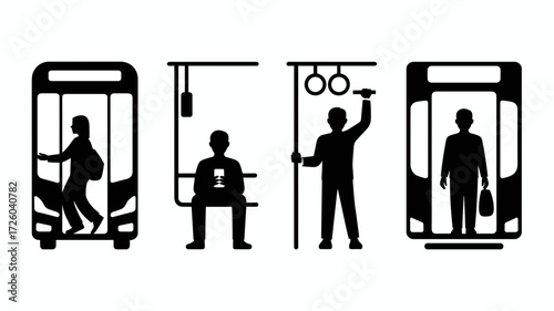 Silhouette vector of people using public transportation, entering, sitting, standing and exiting
