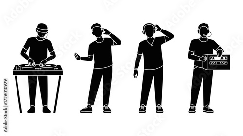 Vector icons set with DJs and music producers in various poses including mixing, listening with headphones and holding audio equipment
