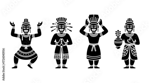 Vector icons set with traditional Indian cultural figures including dancers, greeting pose, head pot carrying and religious offering
