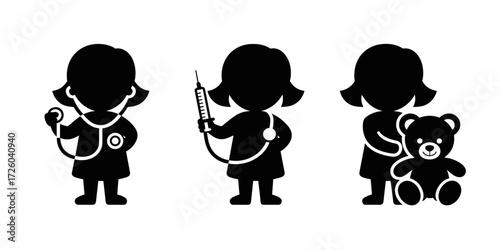 Vector icons set with cartoon girl playing doctor holding stethoscope, syringe and teddy bear in medical role play
