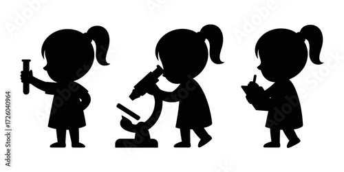 Vector icons set of girl scientist performing experiments with test tube, microscope and notes
