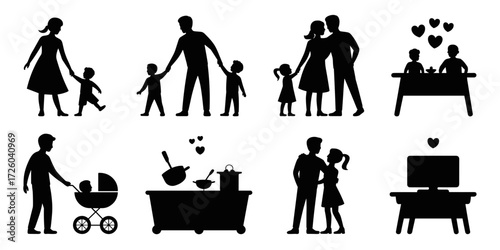 Vector icons set with family and daily life scenes including parents with children, cooking couple, baby stroller and couple watching TV
