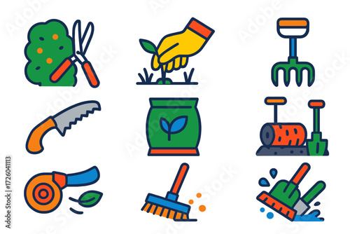 Garden Tools Icons. Flat vector icons of garden maintenance: hedge trimming, weeding hand, mulching rake, pruning saw, fertiliser